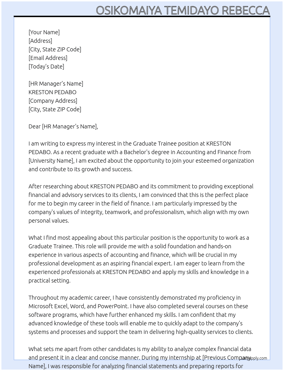 Graduate Trainee At KRESTON PEDABO Cover Letter
