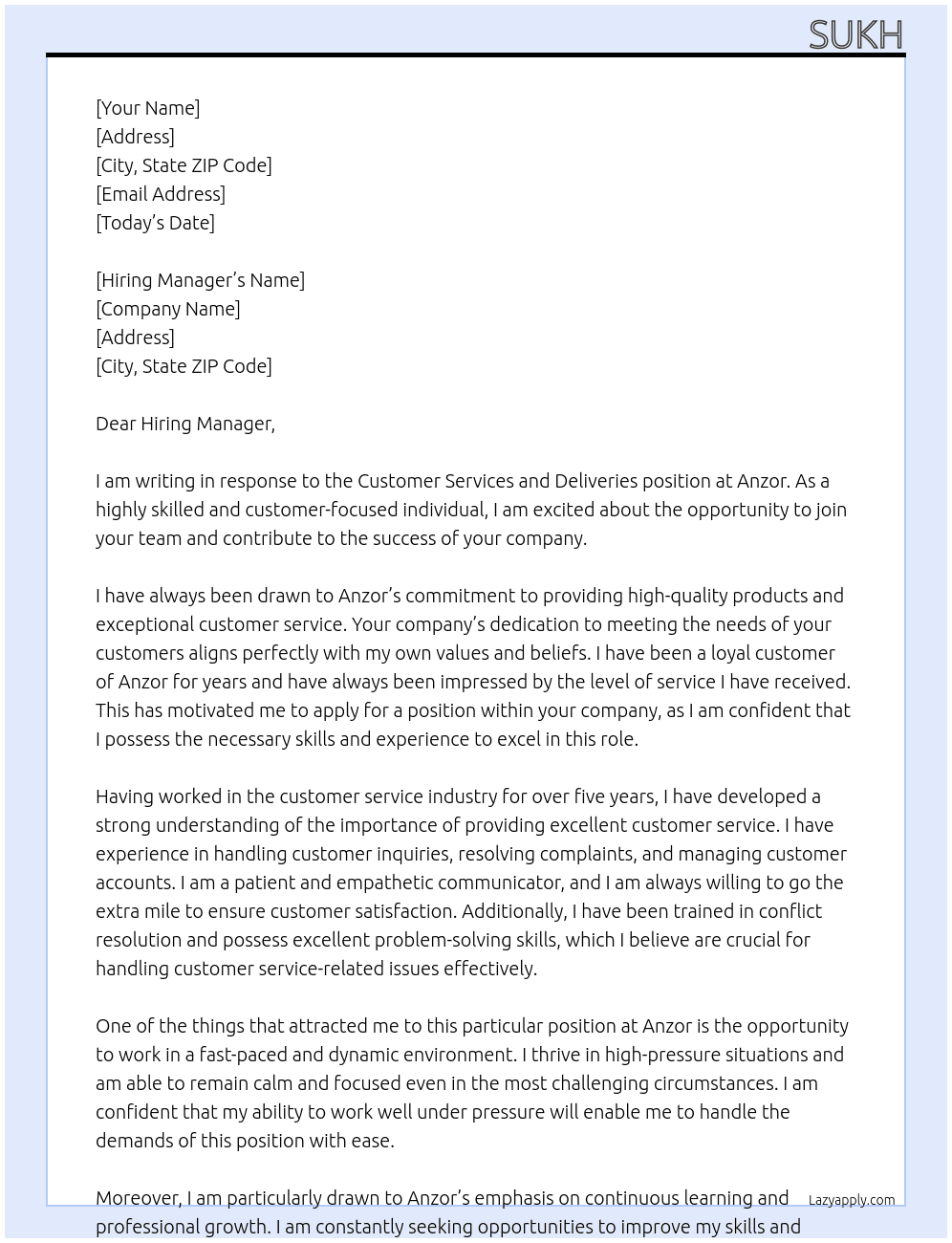Customer Services and Deliveries At Anzor Cover Letter
