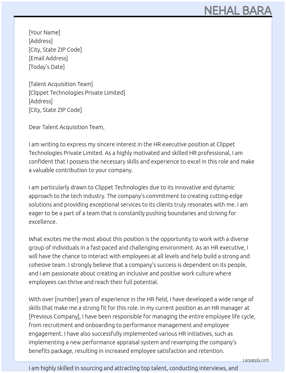 HR executive At Clippet Technolgies Private Litimed Cover Letter