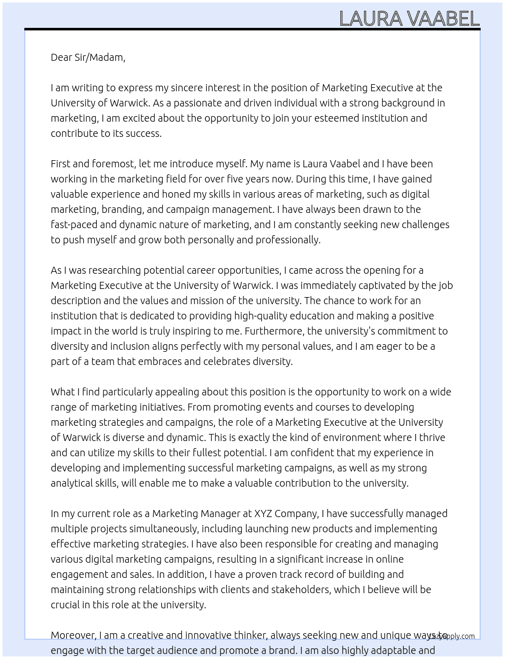 Marketing Executive At University of Warwick Cover Letter