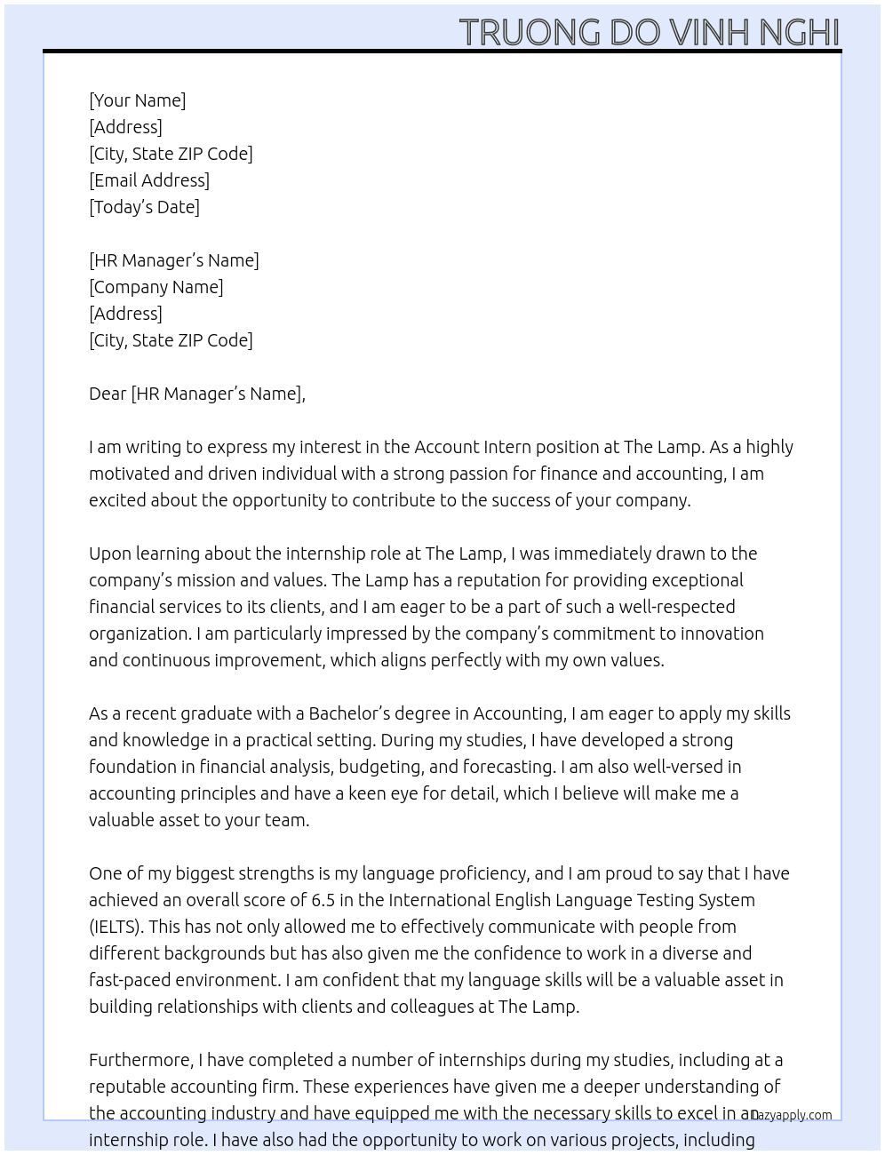 account intern At The Lamp Cover Letter