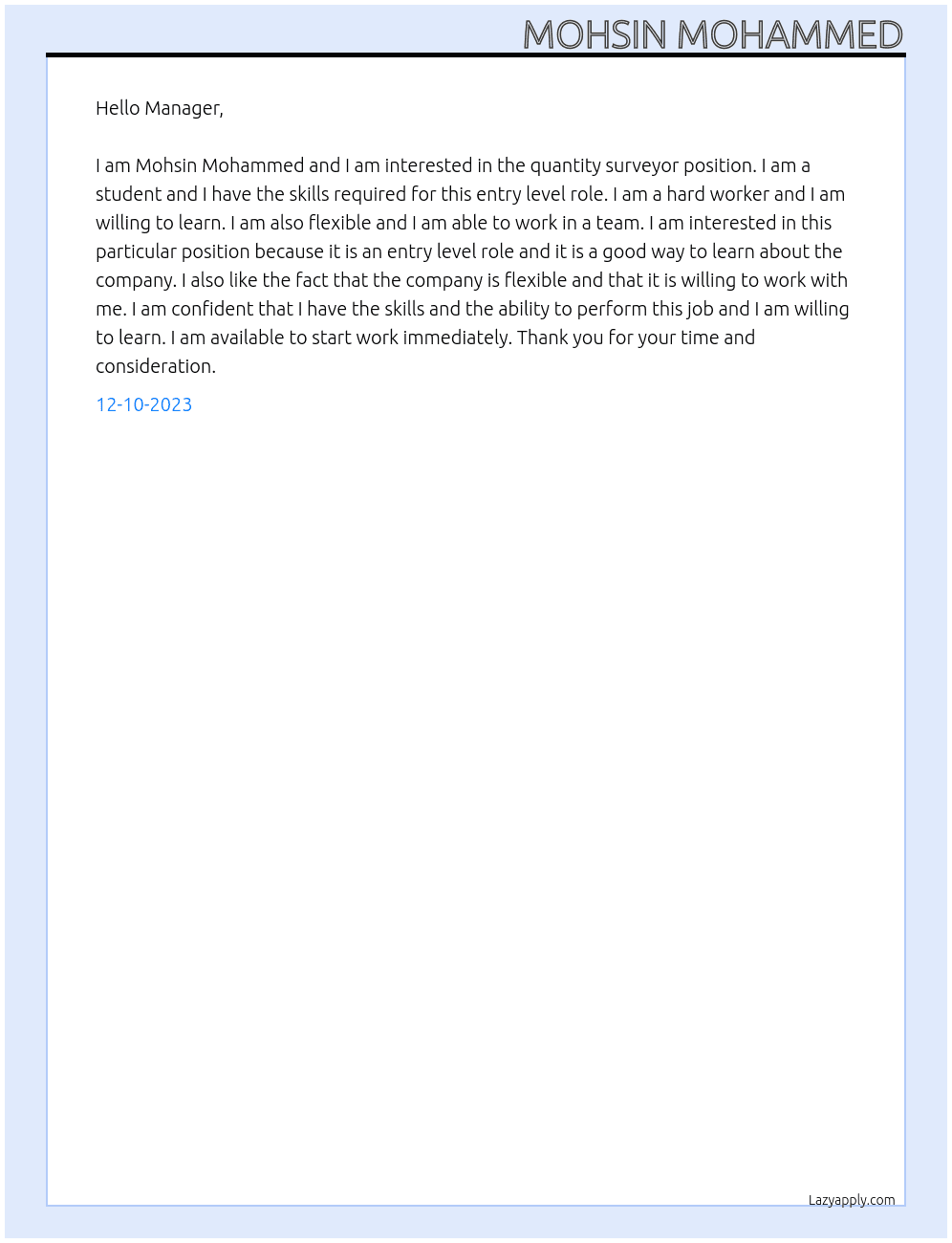 quantity surveyor At N/A Cover Letter