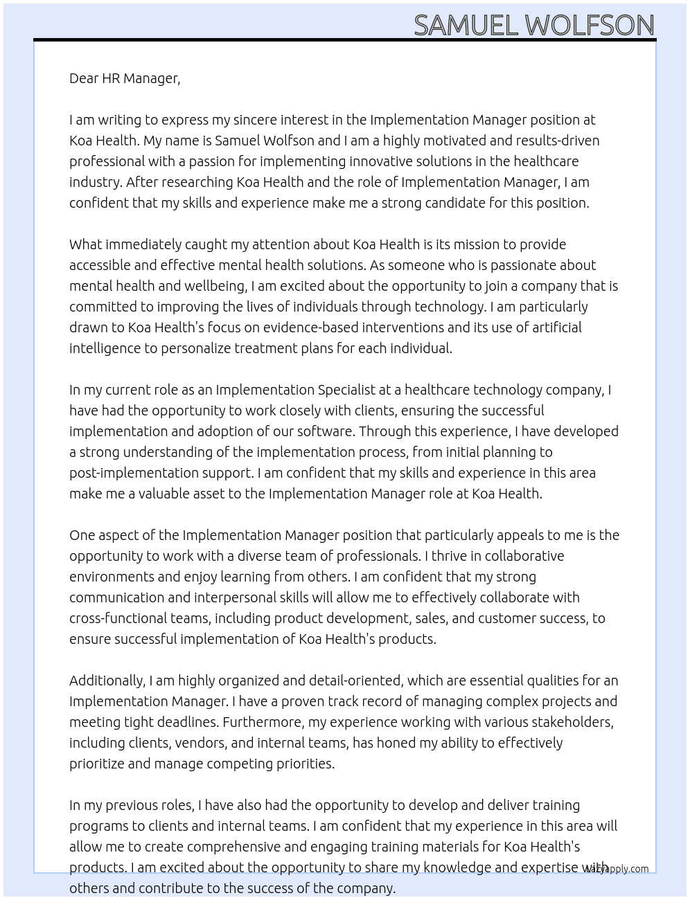 Implementation Manager At Koa Health Cover Letter