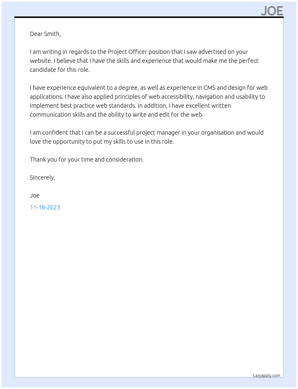 Project officer  At Smith  Cover Letter