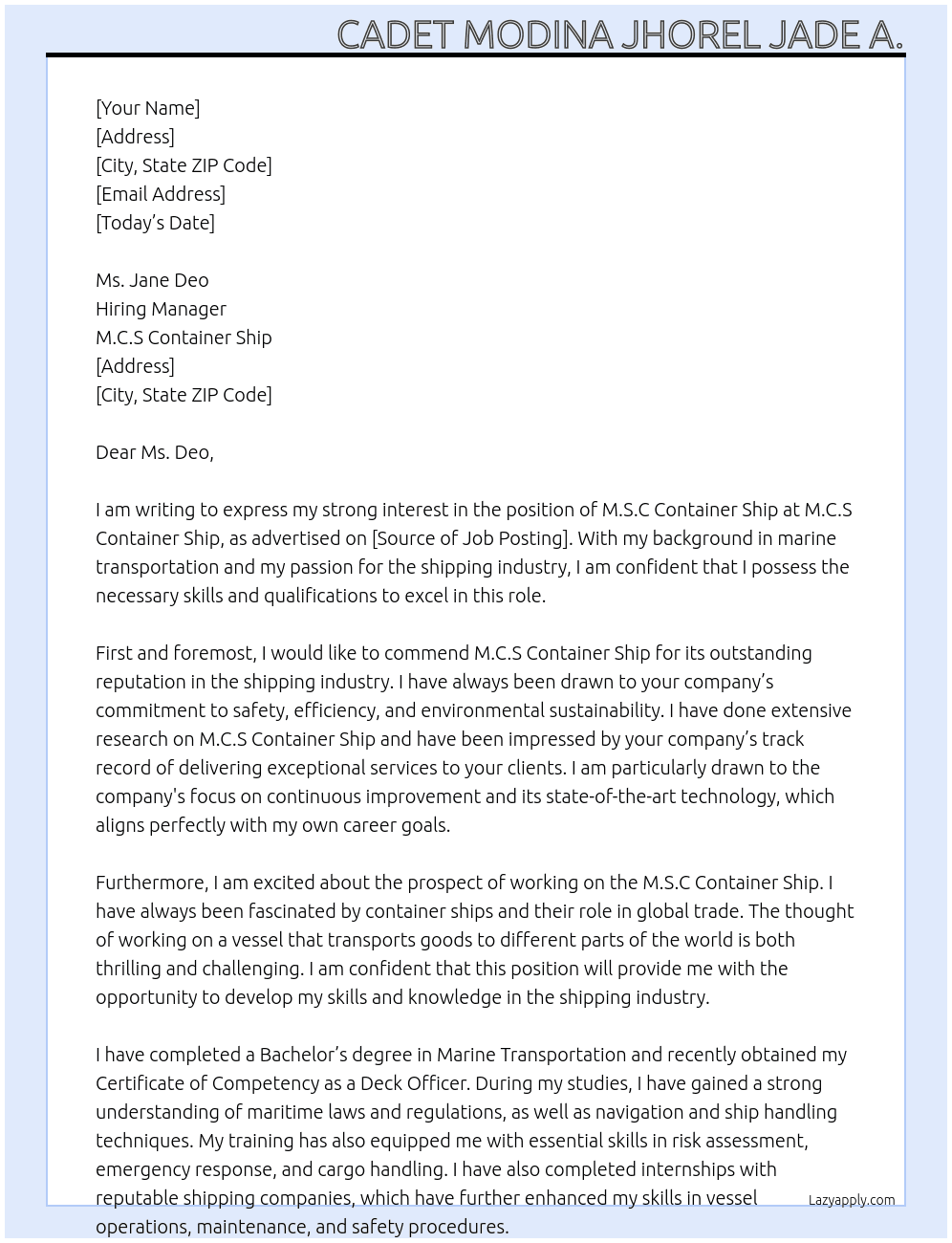 M.S.C Container ship At M.C.S Container ship Cover Letter