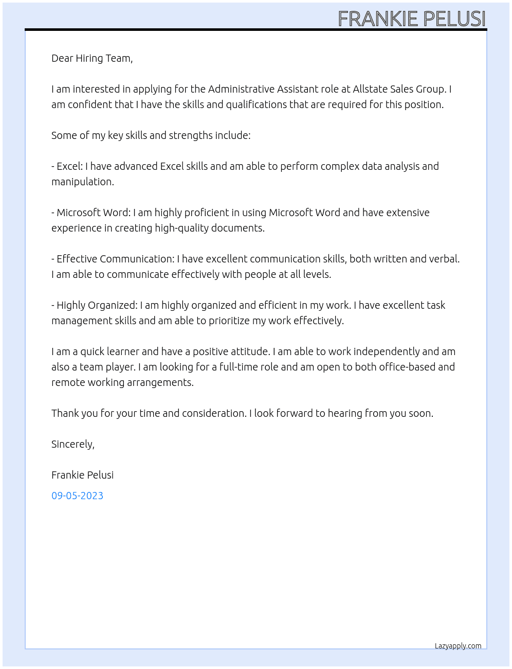 Administrative Assistant  At Allstate Sales Group Cover Letter