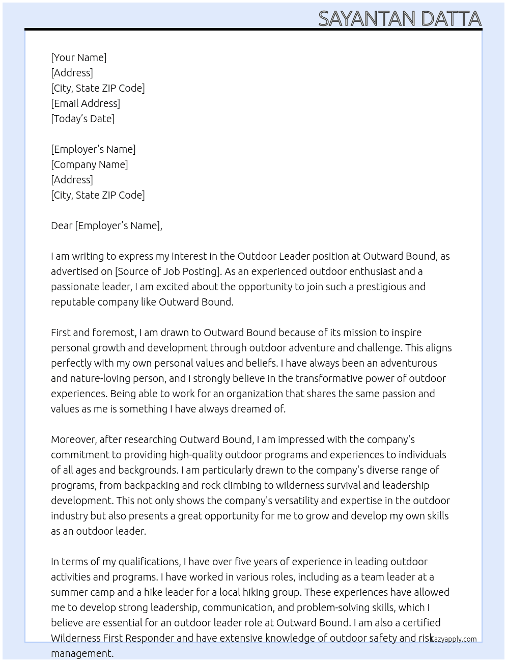 Outdoor leader  At Outward Bound  Cover Letter