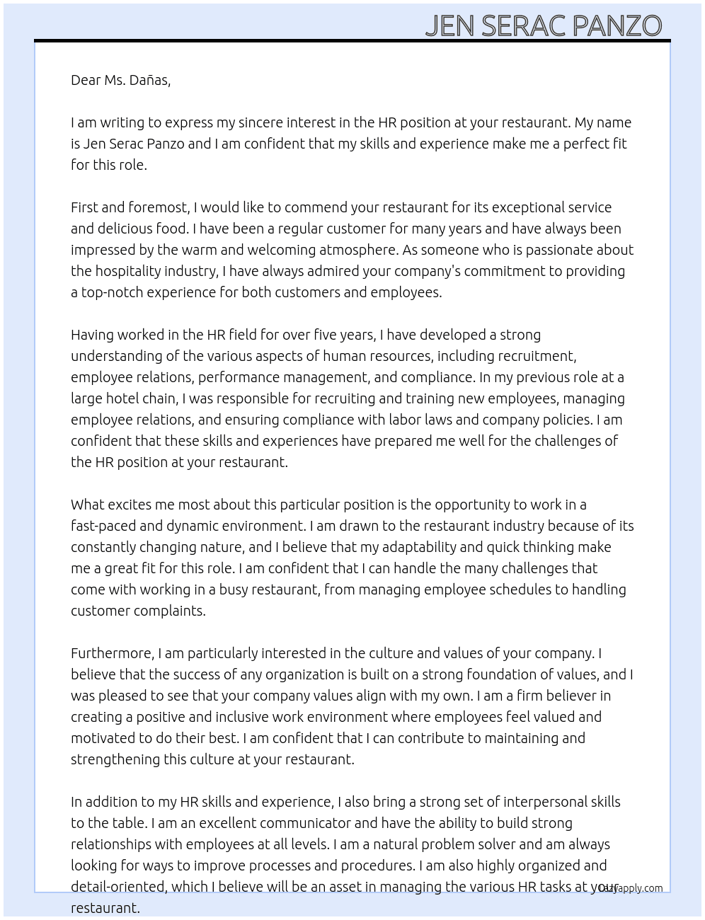 HR At restaurant as a receptionist  Cover Letter