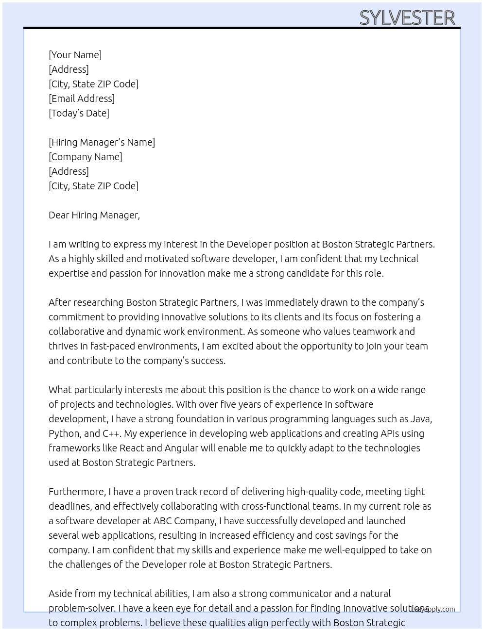 Developer At Boston Strategic Partners Cover Letter