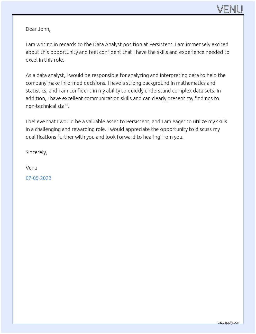 Data analyst At Persistent Cover Letter