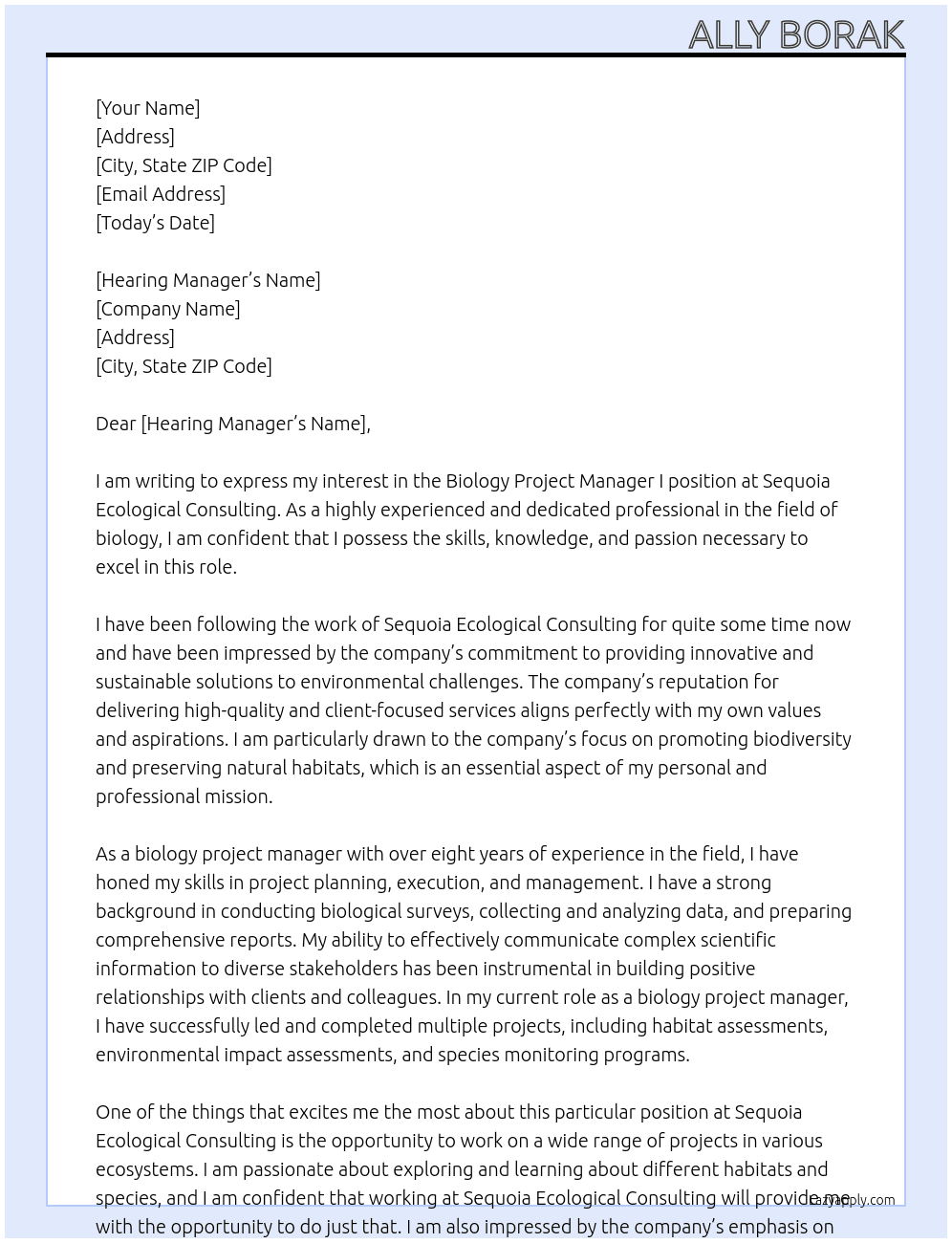 Biology Project Manager I At Sequoia Ecological Consulting Cover Letter