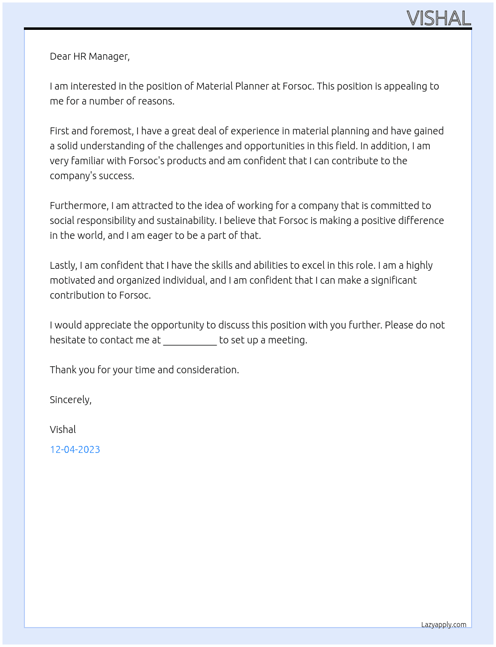 Material Planner At Forsoc Cover Letter