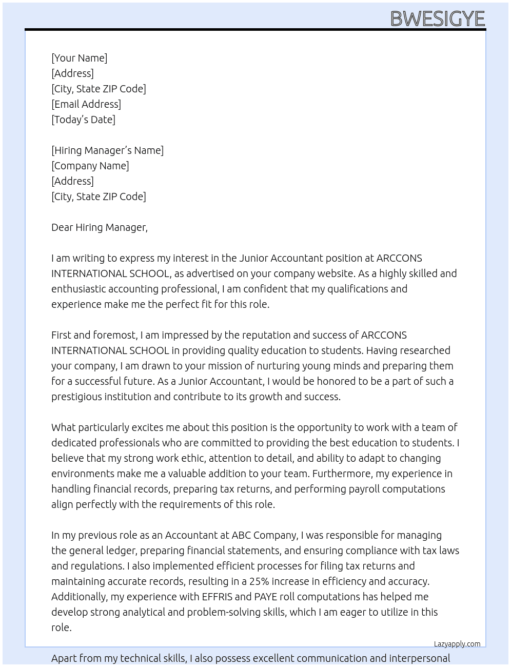 JUNIOR ACCOUNTANT  At ARCCONS INTERNATIONAL SCHOOL Cover Letter