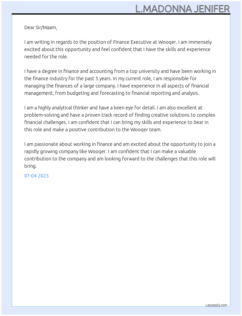 Finance Executive At Wooqer Cover Letter