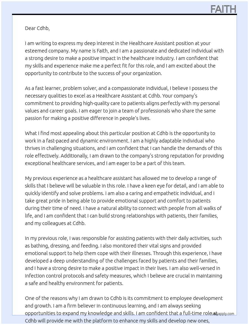 Healthcare Assiatant  At Cdhb  Cover Letter