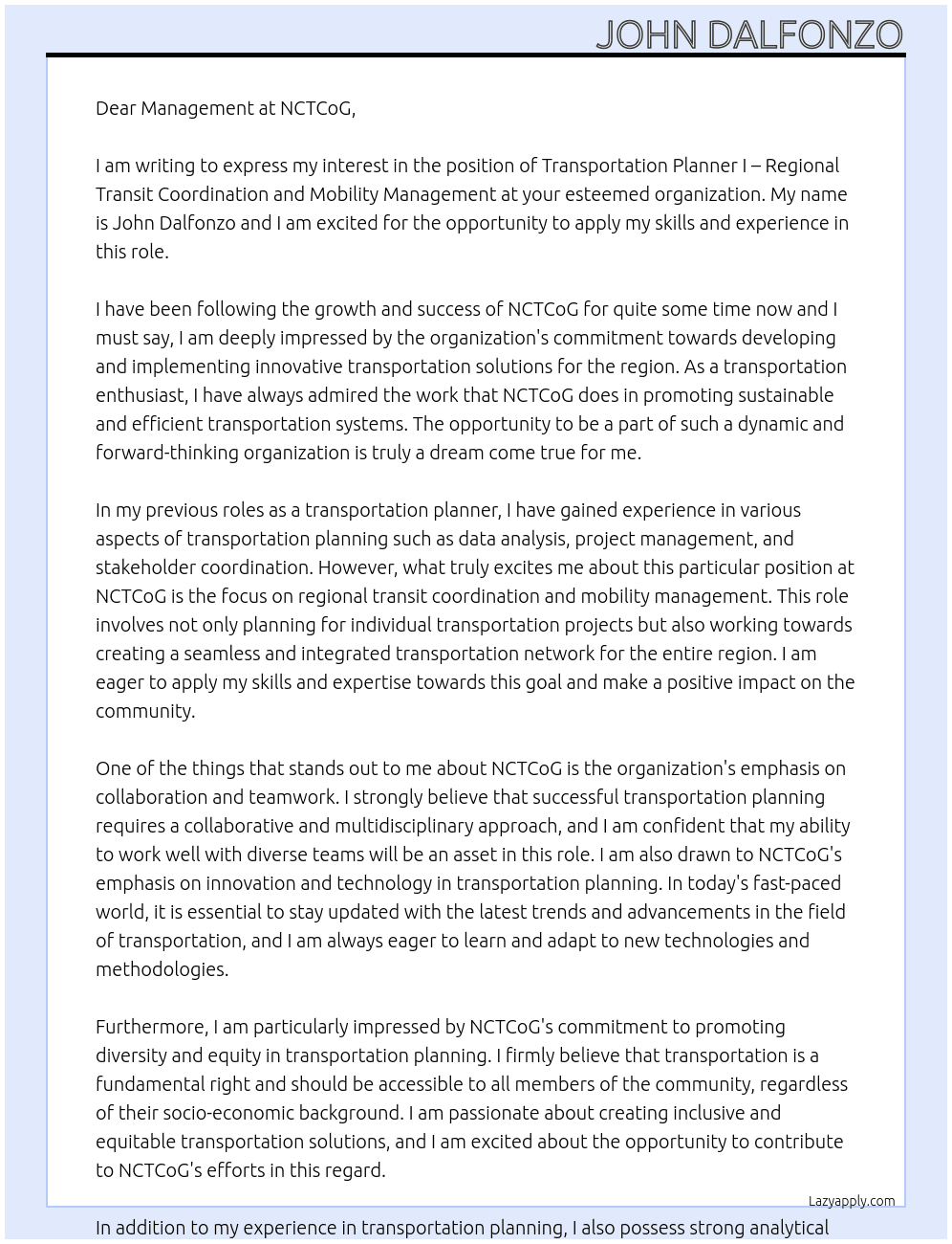 Transportation Planner I – Regional Transit Coordination and Mobility Management At NCTCoG Cover Letter