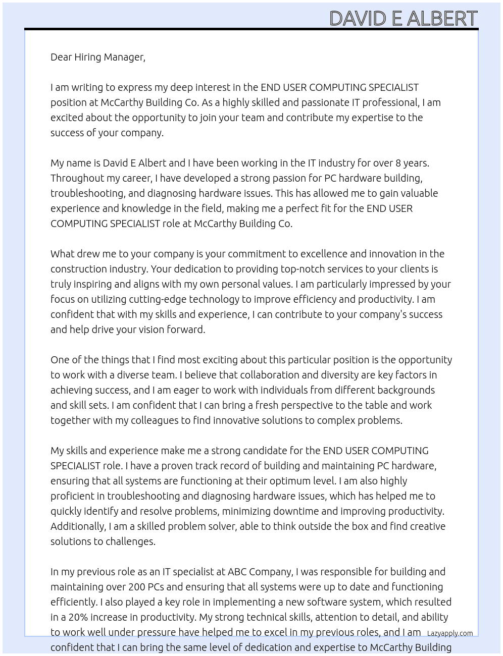 END USER COMPUTING SPECIALIST At McCarthy Building Co Cover Letter