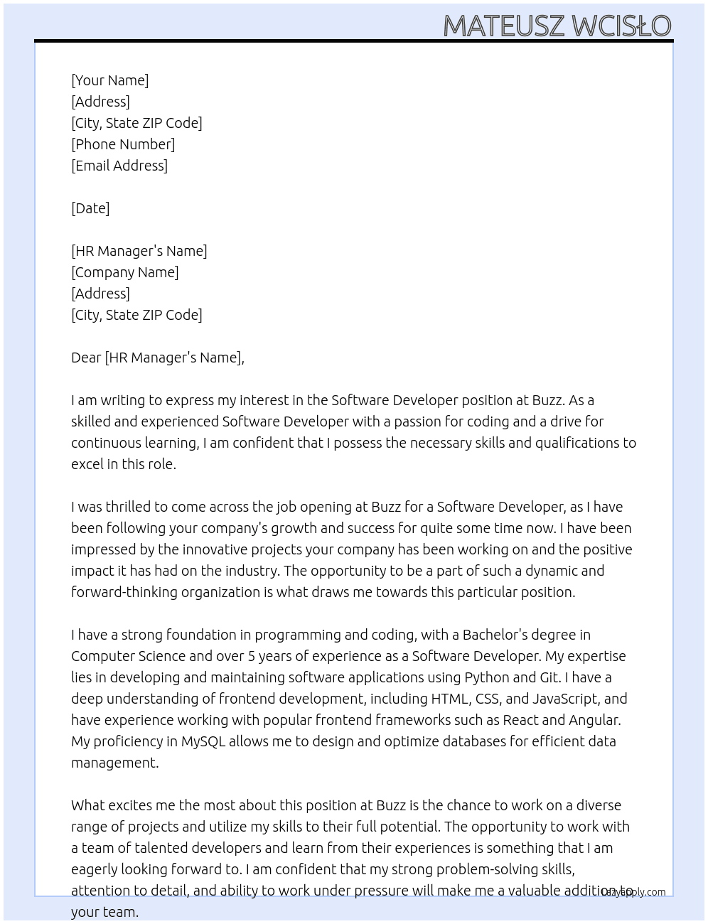 Software Developer At Buzz Cover Letter