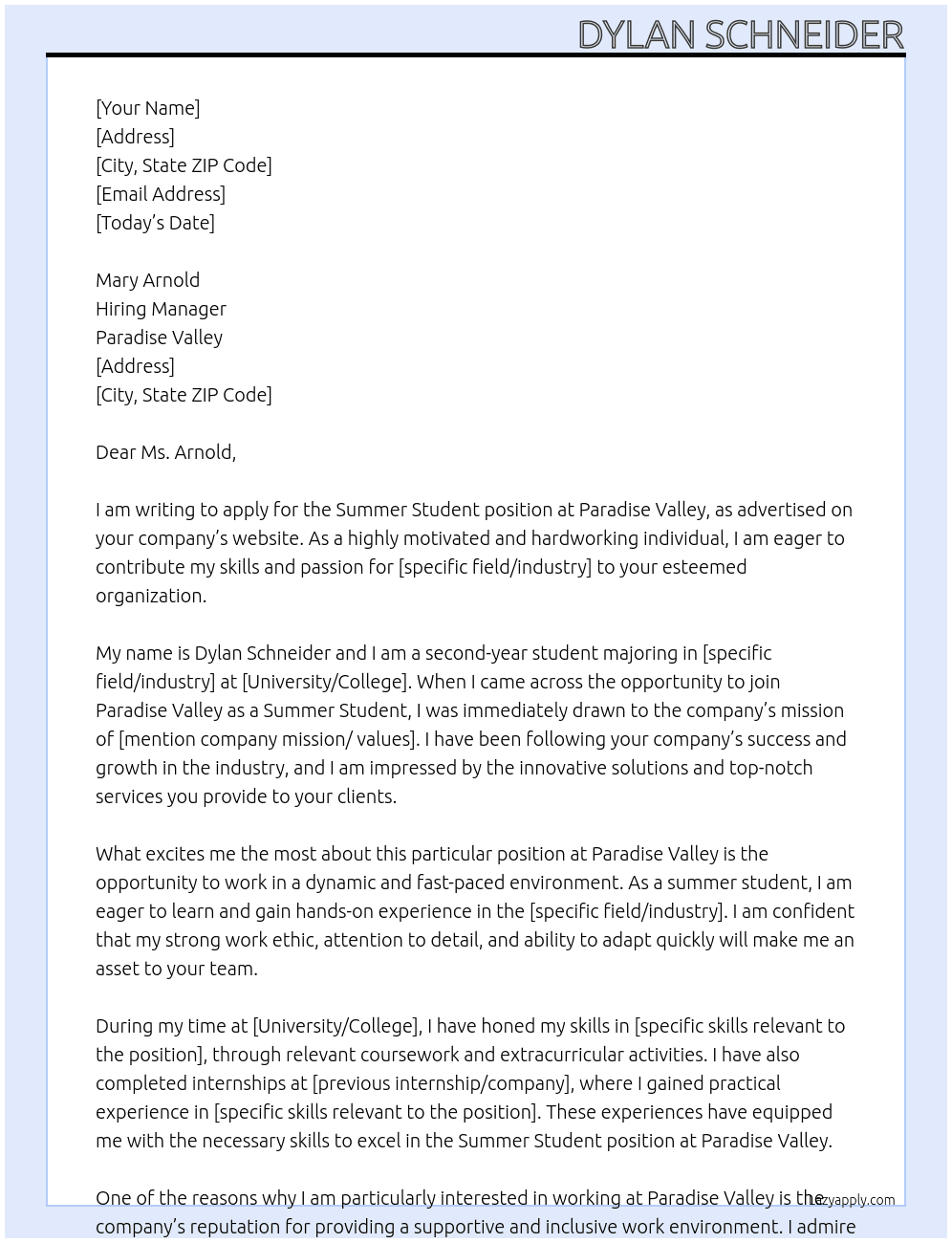 summer student At Paradise Valley Cover Letter