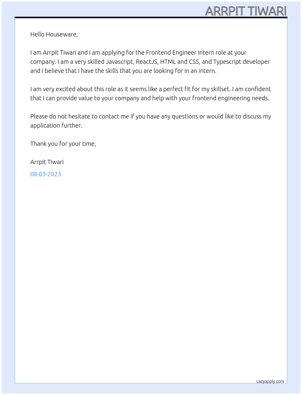 Frontend Engineer Intern At Houseware Cover Letter