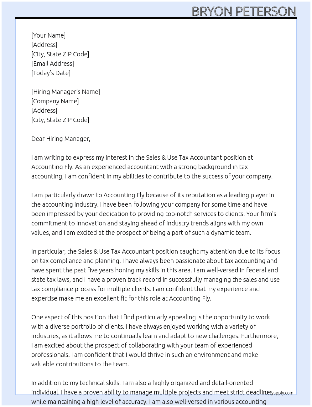 Sales & Use Tax Accountant At Accounting Fly Cover Letter