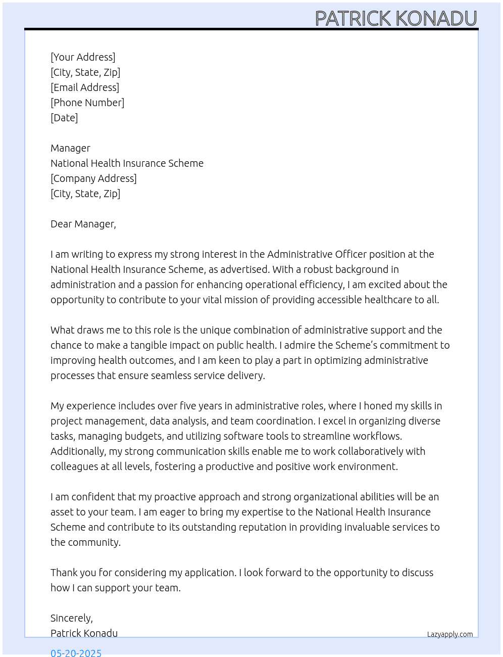 Administrative officer  At National health insurance scheme  Cover Letter