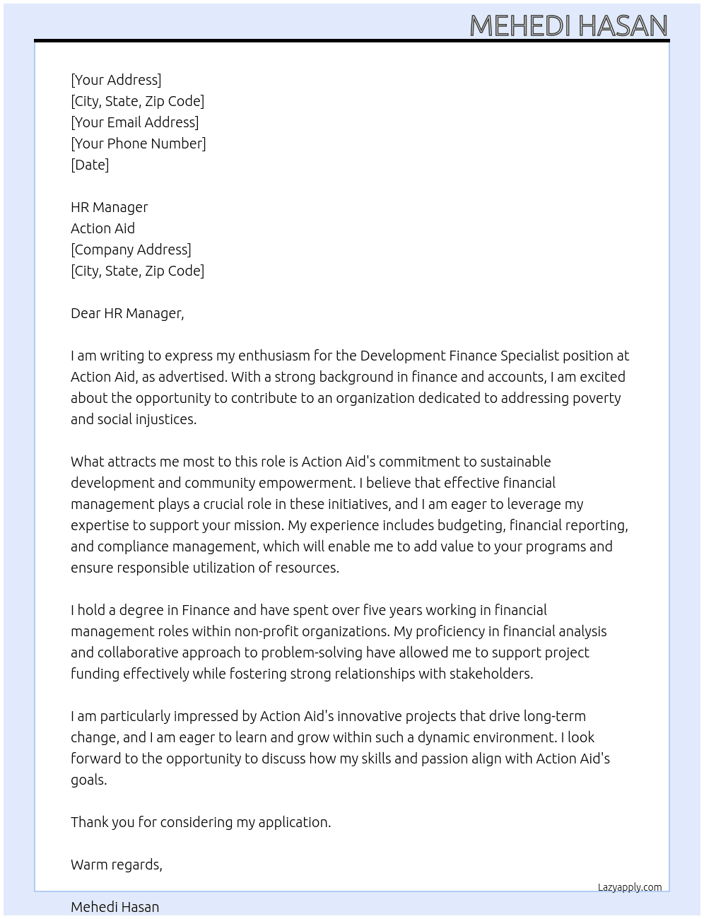 Development Finance Specialist At Action aid Cover Letter