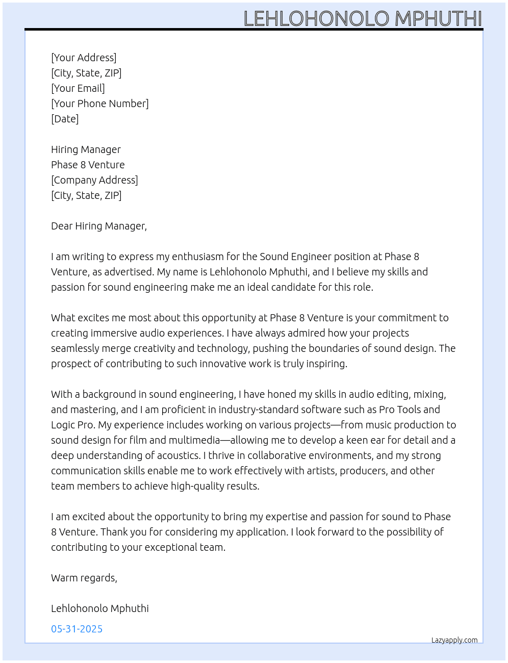 Sound Engineer  At Phase 8 Venture Cover Letter