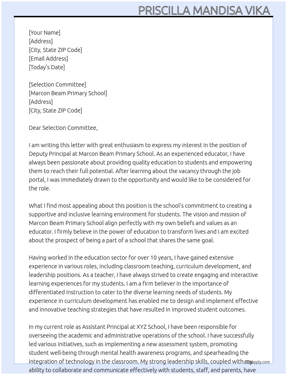 Deputy Principal  At Marcon Beam Primary School Cover Letter