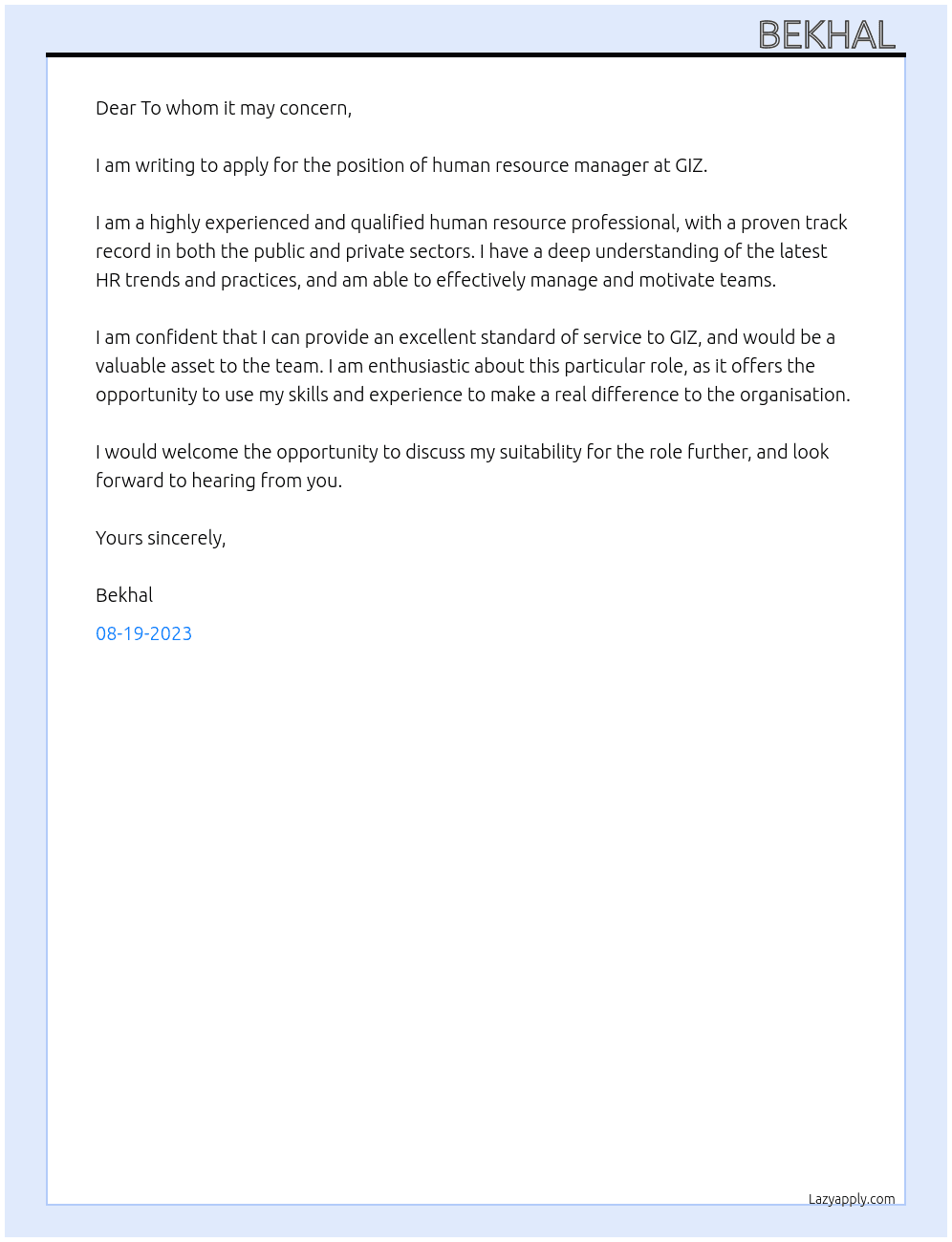 human resource manager At GIZ Cover Letter