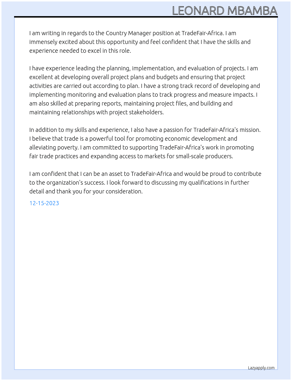 senior project officer At TradeFair-Africa Cover Letter