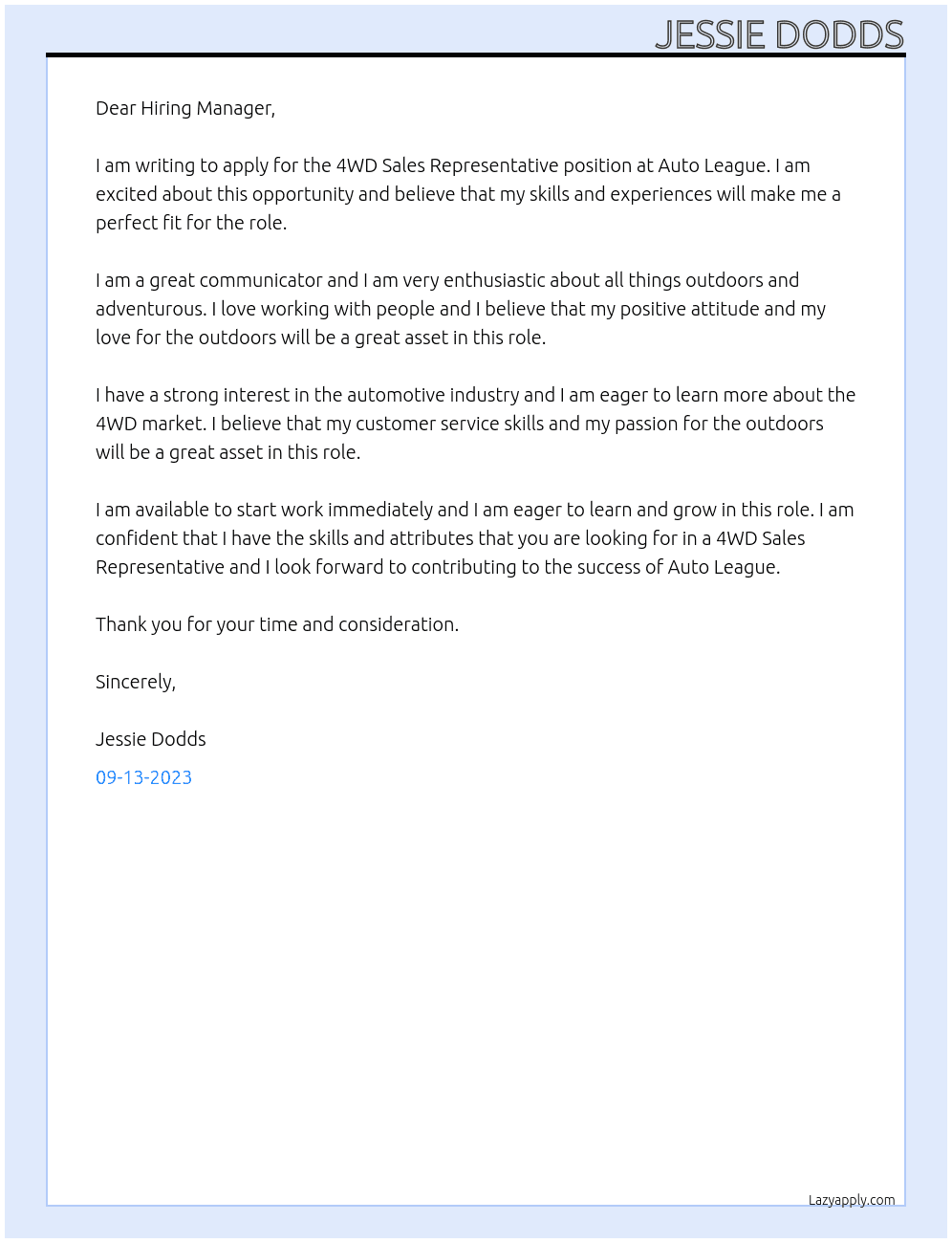 4WD Sales Representative  At Auto league  Cover Letter
