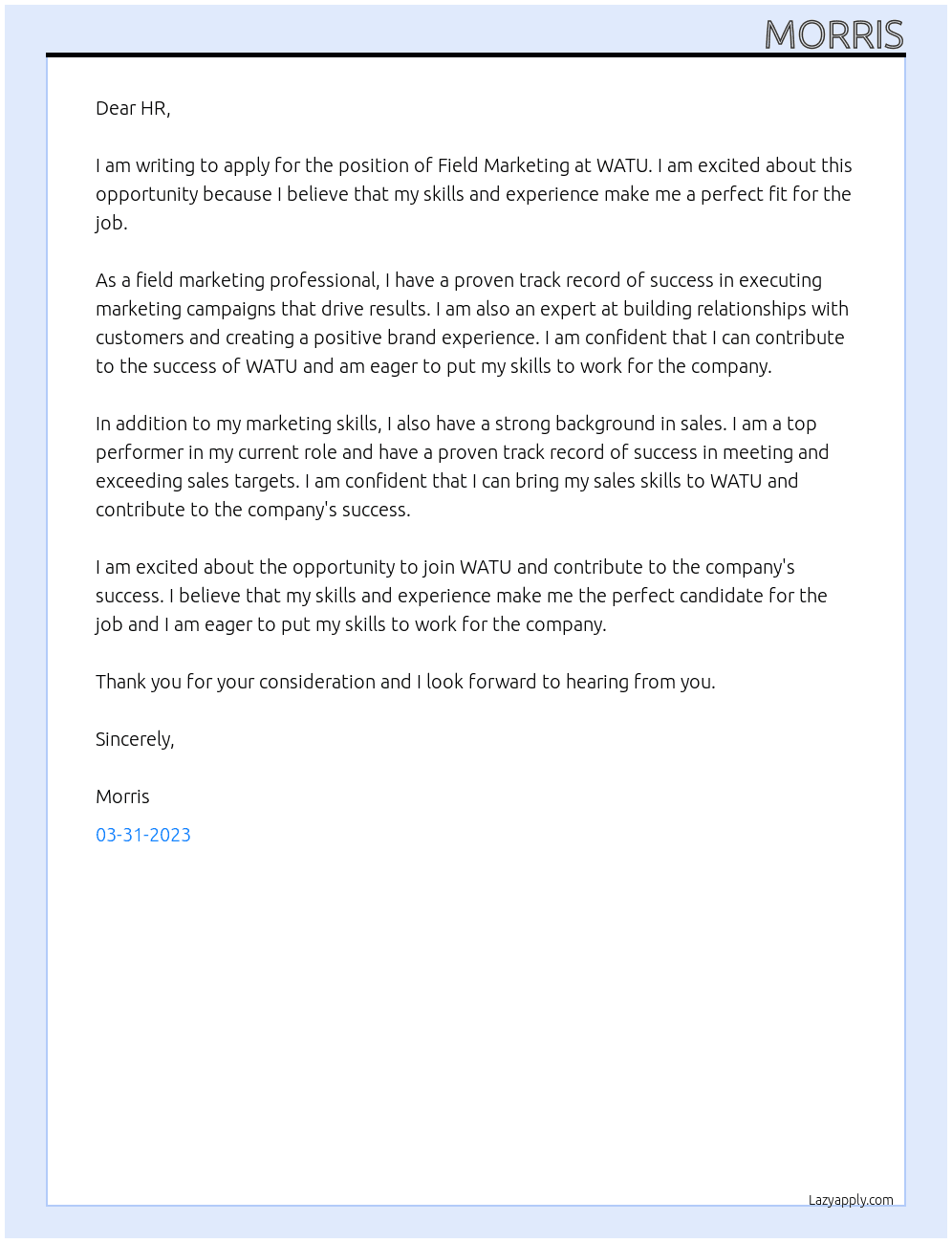 FIELD MARKETING At WATU Cover Letter