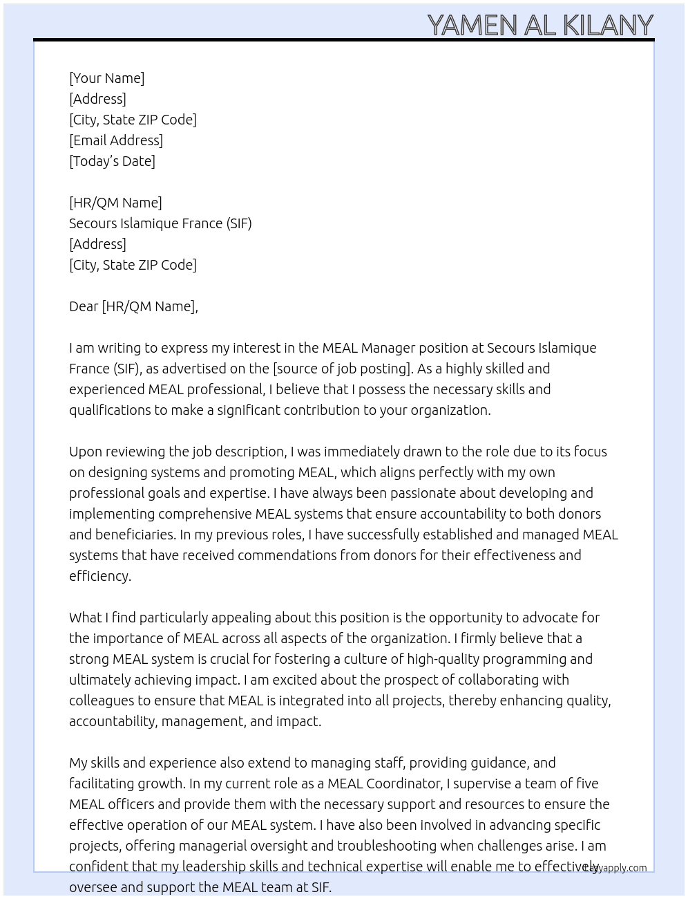 MEAL Manager At Secours Islamique France (SIF) Cover Letter