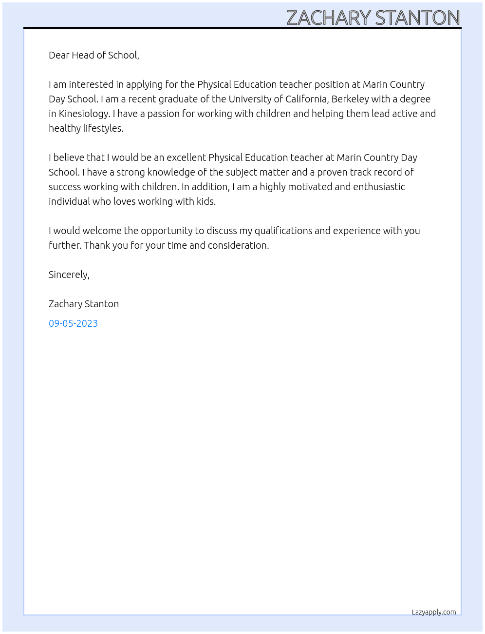 Physical Education teacher At Marin Country Day School Cover Letter