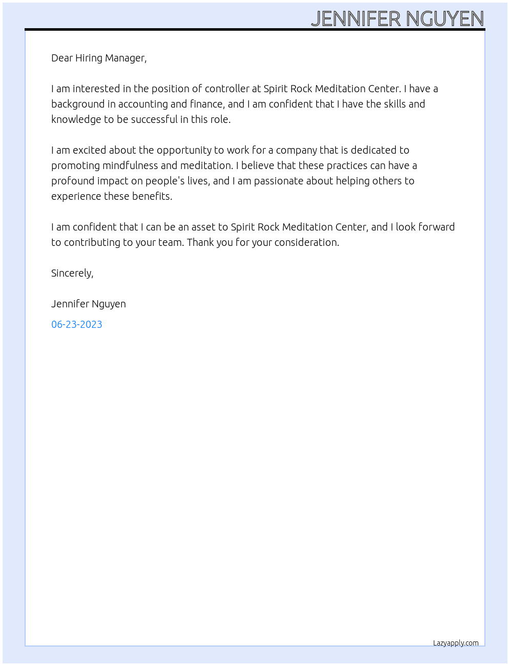 controller At Spirit Rock Meditation Center Cover Letter