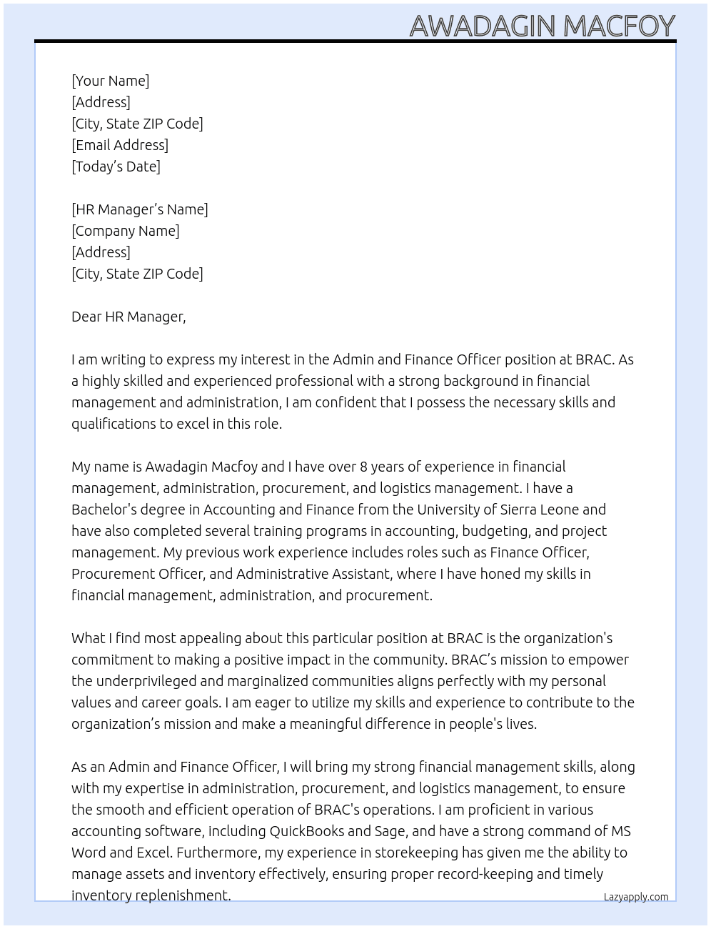  Admin and Finance Officer  At BRAC Cover Letter