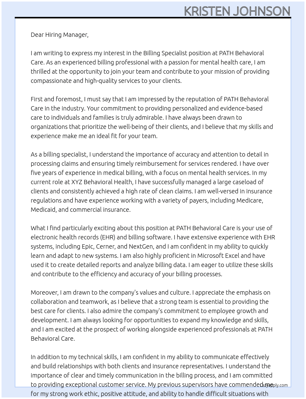 Billing specialist At PATH Behavioral Care Cover Letter