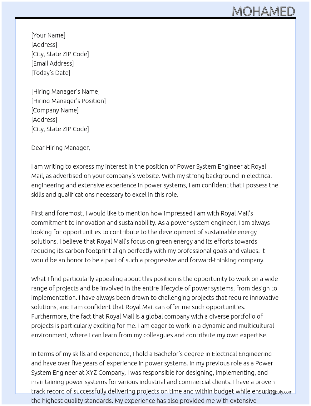 Power System Engineer At Royal Mail Cover Letter