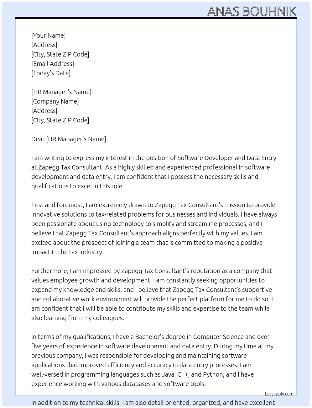 software devlopper and data entry At  Zapegg Tax Consultant Cover Letter