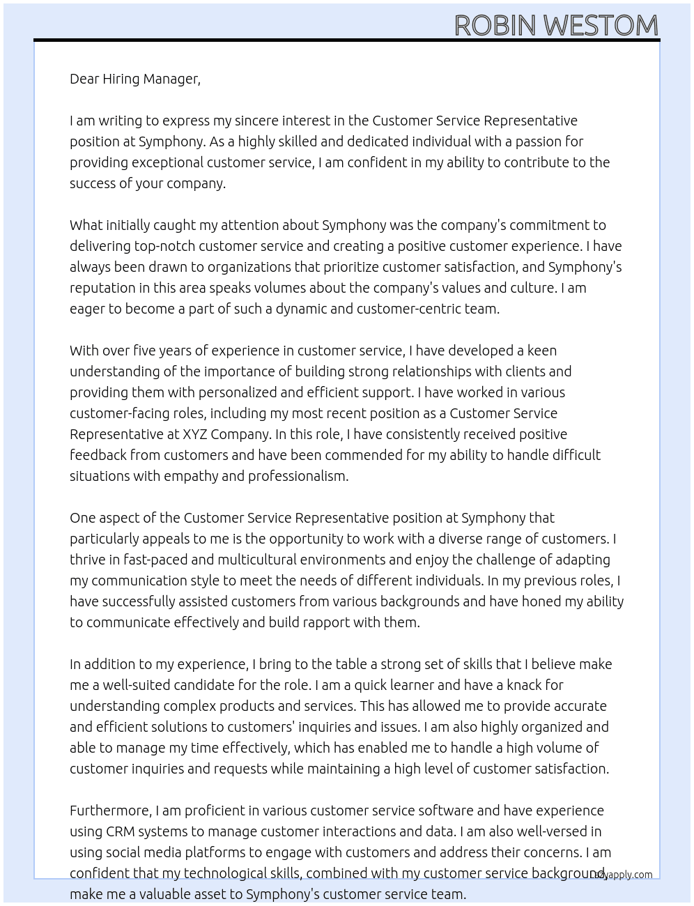 customer service representative At Symphony Cover Letter