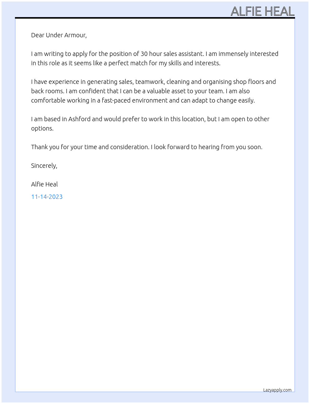 30 hour sales assistant At Under armour Cover Letter