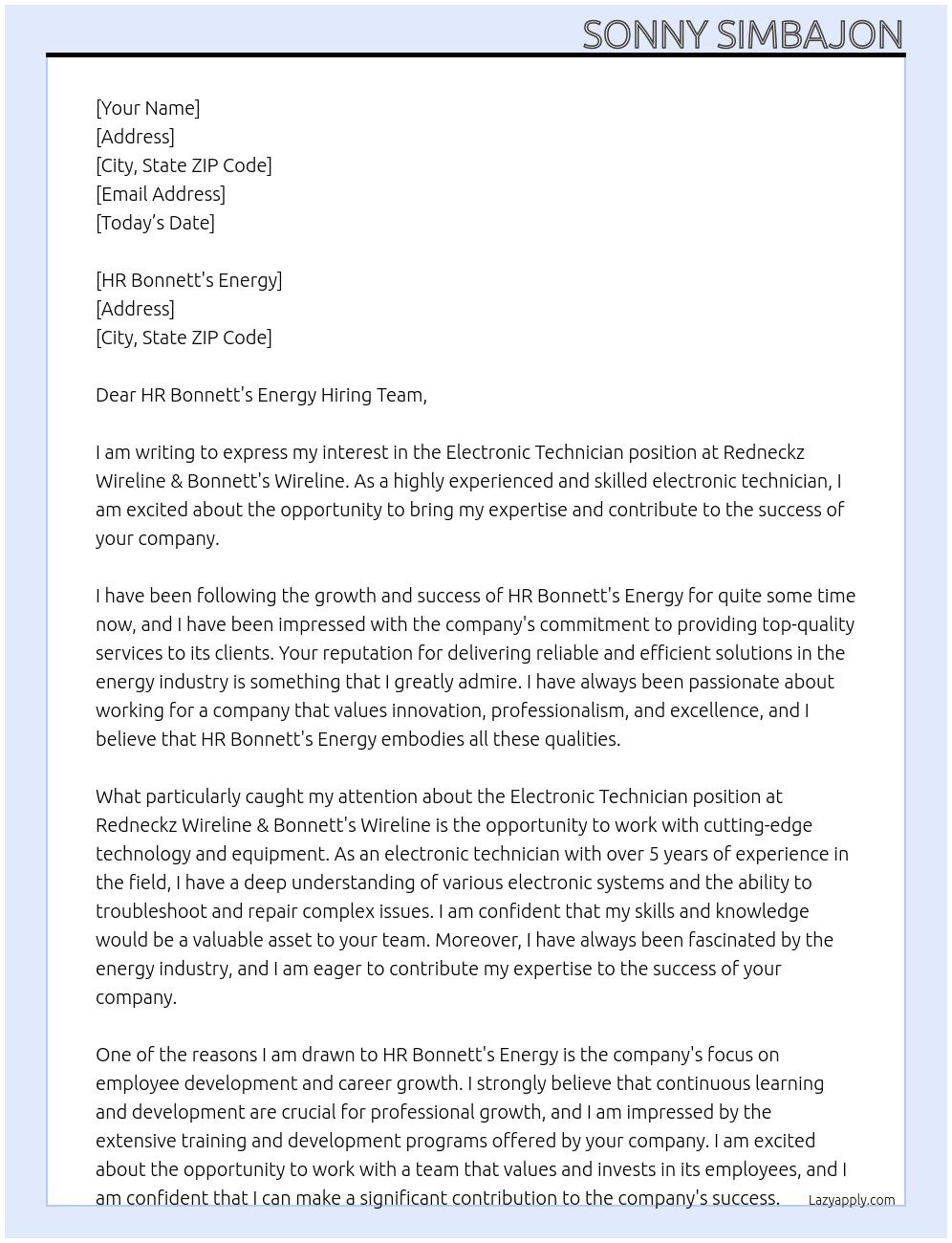 Eletronic Technician At Redneckz Wireline & Bonnett's Wireline Cover Letter