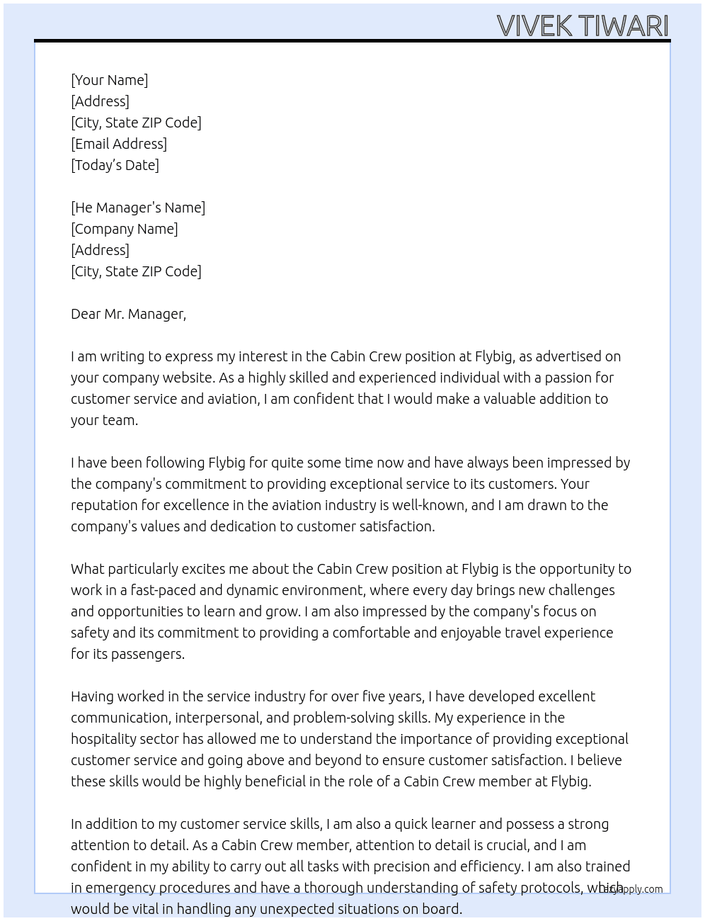 Cabin Crew At Flybig Cover Letter