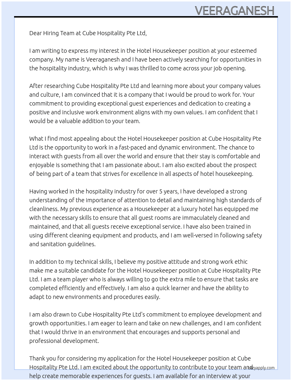 Hotel housekeeper At Cube Hospitality Pte Ltd Cover Letter