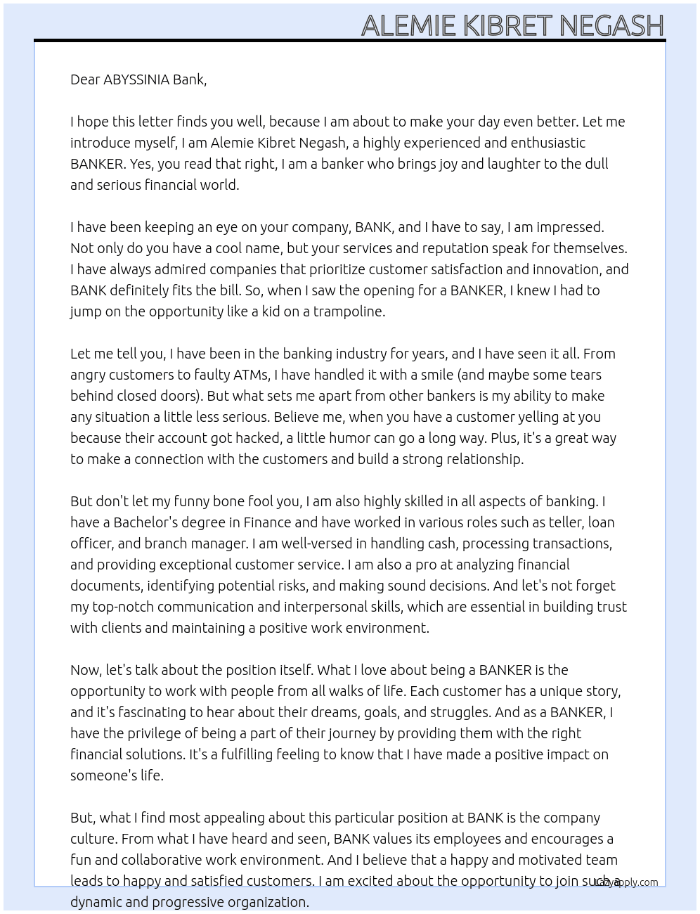 BANKER At BANK Cover Letter