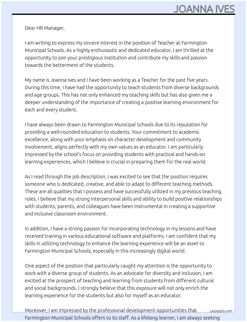 Teacher At Farmington Municipal Schools Cover Letter