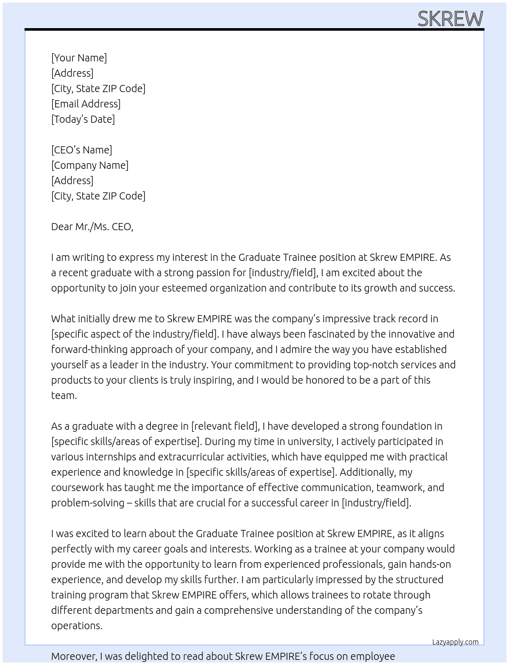 GRADUATE TRAINEE At Skrew EMPIRE Cover Letter