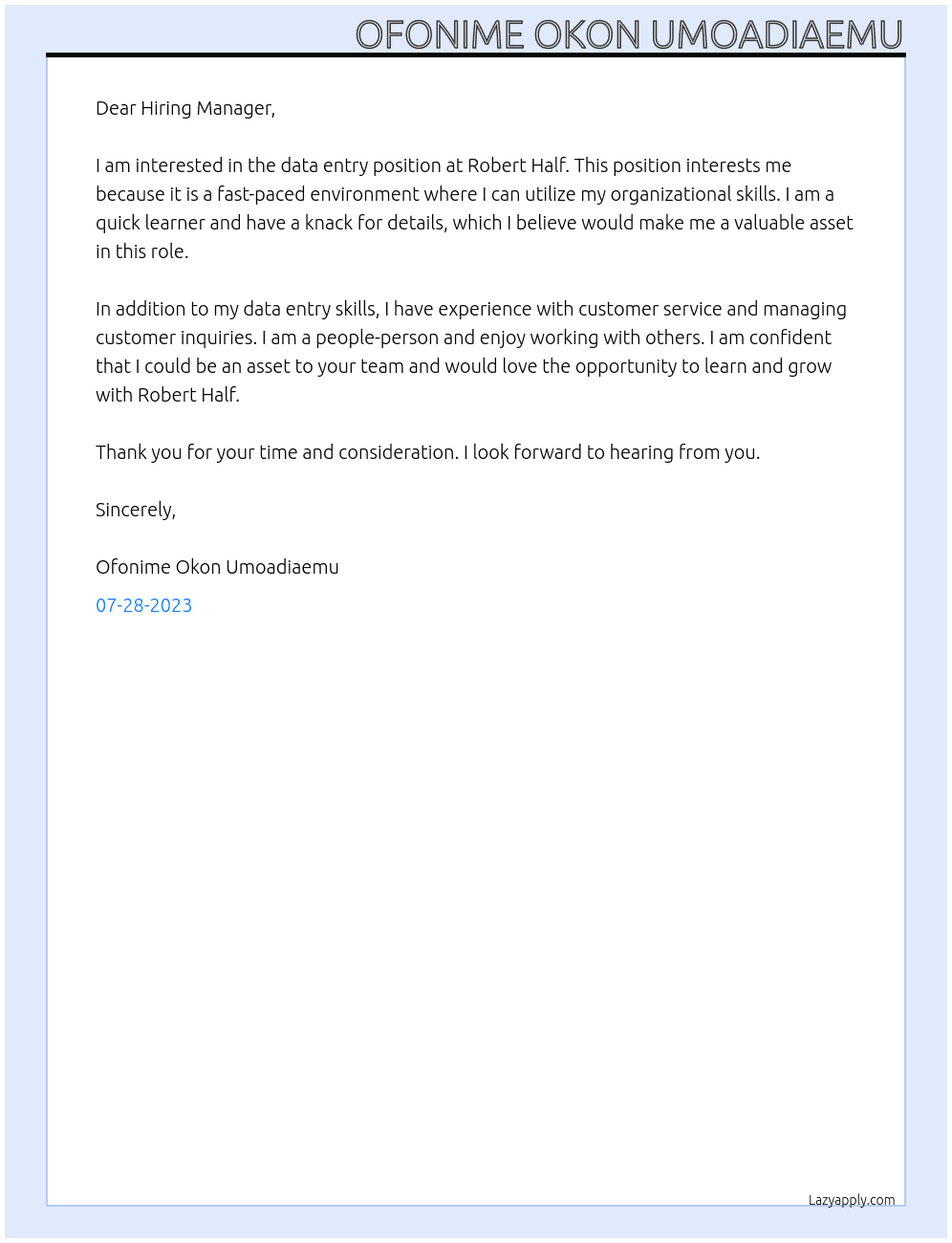 data entry  At  Robert Half Cover Letter