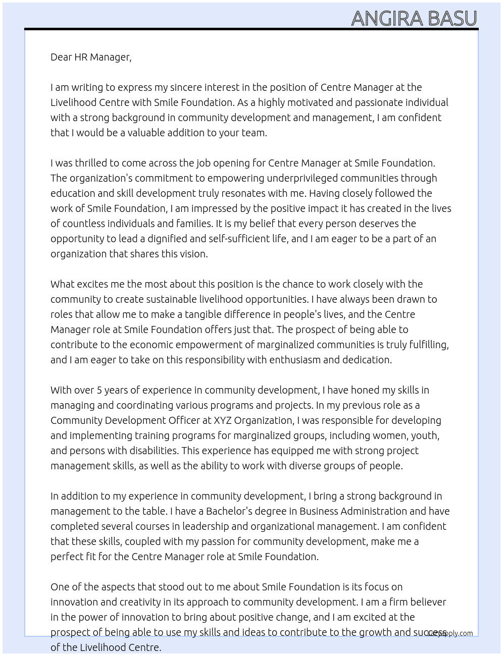 centre manager - livelihood centre At Smile Foundation Cover Letter